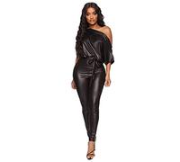 Women's Faux Leather Jumpsuits Clearance Off Shoulder Sexy Bodysuit Ladies Leotard Shiny Catsuit Costume Shining Bodycon Overall High Waisted PU Leather Jumpsuit Fancy Dress Clubwear Playsuit