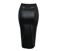 Womens Faux Leather Ladies Elastic Waistband Bodycon Stretch Wet Look Pencil Fitted Tube Black Midi Skirt Size 10 - 12 (S/M)