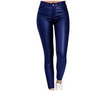 Womens Faux Leather Leggings Flat-Front Comfort Stretch High Waisted PU Pleather Magic Bodycon Pants Slim Fit Tapered Leg Lounge Activewear Trousers Skinny Tights with Pockets Blue