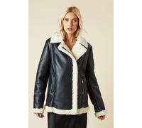 Womens Faux Leather Longline Aviator Jacket Black 8