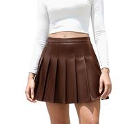Womens Faux Leather Min Skirt High Waisted A-line Skater Short Pleated Skirts No Lining Shorts, Coffee, XL