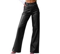 Women's Faux Leather Pants Button PU Jeans Straight Wide Leg Trousers with Pockets Lounge Palazzo Flared Hem Retro 90s Style Wet Look Casual Evening Vacation Work Party Wear Night Out Black