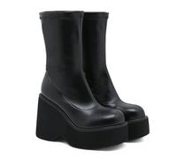 Women's Faux Leather Pull-on Mid Calf Boot, Wedge Heel Platform Combat Boots, Non-Slip Increase Height Fashion Boots,Black,39