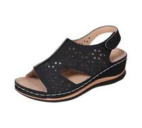 Women's Faux Leather Sandals Vintage Hollow Out Open Toe Thick Bottom Slides Stylish Wedge Platform Slippers Orthopedic Non-Slip Shower Beach Pool Slider Wide Fit Comfy Beach Walking Shoes Black