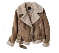 Womens Faux Leather Short Cropped Brown Coat For Winter Vintage Fur Integrated Jacket Zip Up Lapel Long Sleeves Jackets Female Outwears Chic (BROWN,L)