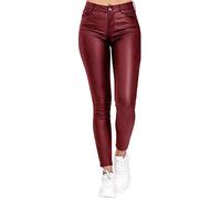 Womens Faux Leather Slim Fit High Waisted Casual Pants Solid Color Skinny Yoga Trousers Wine Red