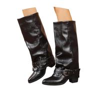 Women's Faux Leather Slouch Mid Calf Boots, Pointed Toe Block Heel Western Cowboy Boots, Vintage Studded Buckle Strap Ruched Pull On Fashion Comfort Calf Boots for Ladies Daily Wear Black