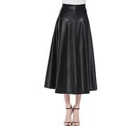 Women's Faux Leather Swing Skirts Vintage High Waisted A-Line Midi Skirt Retro Solid PU Flared Skirts for Work Office Bussiness