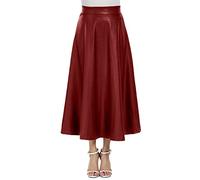 Women's Faux Leather Swing Skirts Vintage High Waisted A-Line Midi Skirt Retro Solid PU Flared Skirts for Work Office Bussiness