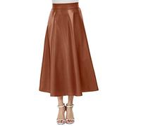 Women's Faux Leather Swing Skirts Vintage High Waisted A-Line Midi Skirt Retro Solid PU Flared Skirts for Work Office Bussiness