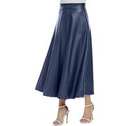 Women's Faux Leather Swing Skirts Vintage High Waisted A-Line Midi Skirt Retro Solid PU Flared Skirts for Work Office Bussiness