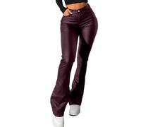 Womens Faux Leather Trousers High Waisted Butt Lifting Micro Stretch PU Bootcut Pants Ladies Summer Casual Slim Fit Button 4 Pockets Flared Trousers for Concert Party Club Wine