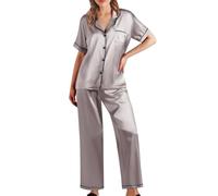 Womens Faux Silk Pajamas Set, Womens Pyjamas Set Button Down, Fashion Classic Sleepwear Casual And Comfortable Nightwear Versatile Breathable Sleepwear Solid Color Lapel Collar Nightwear
