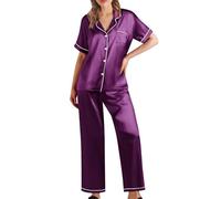 Womens Faux Silk Pajamas Set, Womens Pyjamas Set Button Down, Fashion Classic Sleepwear Casual And Comfortable Nightwear Versatile Breathable Sleepwear Solid Color Lapel Collar Nightwear