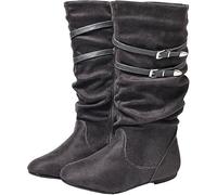 Womens Faux Suede Boots Low Heel Mid-Calf Work Slouchy Boots Side Zipper | Women's Wide Width Flat Low Heel Boots Round Toe Faux Suede Knee High Ruched Slouchy Boots Fall Winter Walking Booties
