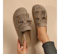 Women's Faux Suede Closed Toe Mules, Tassel Bead Decor Bow Slip On Backless Clogs, Comfort Casual Walking Slide Shoes Indoor Outdoor