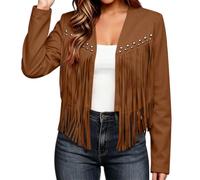 Women's Faux Suede Fringe Jackets Western Cropped Jacket Cowgirl Outfit | Casual 2026 Motorcycle Crop Coats Studded Collarless Open Front Cardigan Country Concert Wear Trendy Fall Winter Coat