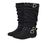 Women's Faux Suede Mid Calf Boots Slouchy Round Toe Flat Heel Tall Booties | Ruched Retro Shoes with Full Length Side Zipper for Walking Dating Travelling Casual All-Season Wear