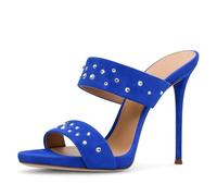 Women's Faux Suede Platform Dress Pumps with Rhinestone Open Toe Slingback Summer Heels Slip on Party Prom Sandals,Blue,14 UK