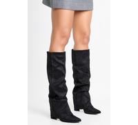 Womens Faux Suede Ruched Fold Over Knee High Block Heel Boots - Black - 4, Black