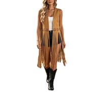 Women's Faux Suede Tassel Vest Western Cowgirl Fringe Jacket 70s Hippie Sleeveless Open Front Long Cardigan