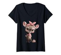 Women's Fawn Baby Deer Pink Leopard Glasses Girly Glam Graphic Sharp V-Neck T-Shirt