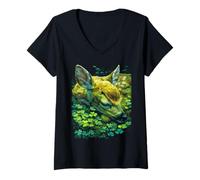 Women's Fawn Shamrocks Forest St Patricks Day Forestcore Aesthetic V-Neck T-Shirt