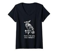 Womens Fear is the gate. Walk through it. Battle Proverb Raven V-Neck T-Shirt