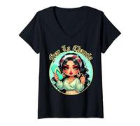 Womens Fear La Chancla Spanish Curvy Chibi Mom Chanclazo Fregona V-Neck T-Shirt