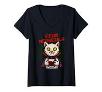 Womens Fear Meowcula Funny Pixel Art Vampire Cat Halloween V-Neck T-Shirt