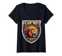 Womens Fear Not for I Am with You Christian Bible Verse Quote Lion V-Neck T-Shirt