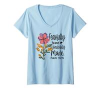Womens Fearfully and Wonderfully Made Bible Verse Flower Christian V-Neck T-Shirt