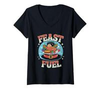 Womens Feast Fuel Cartoon Food Pilgrim hat Funny Thanksgiving V-Neck T-Shirt