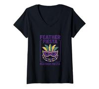 Womens Feather Fiesta Mardi Gras Celebration Design V-Neck T-Shirt