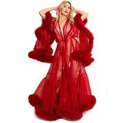 Women's Feather Nightgown Sexy Sermon Dress Feather Bride Robe Long Wedding Scarf New Customization Sexy Illusion Long Lingerie Robe Nightdress Bathrobe Sleepwear,Red,M