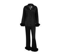 Women's Feather Pajamas Set Silk Satin Sleepwear Long Sleeve Button Down Shirt Long Pants Nightwear Loose Longewear Pjs (Black, Small)