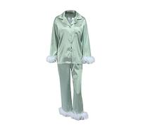 Women's Feather Pajamas Set Silk Satin Sleepwear Long Sleeve Button Down Shirt Long Pants Nightwear Loose Longewear Pjs (Green, X-Large)