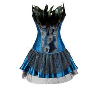 Womens Feather Peacock Corset Bustier Showgirl Top With Mini Skirts | Vintage fashion Back Straps corset set for retro court prom or princess fancy dress, Wear as outerwear or a costume piece