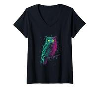 Womens Feathered Owl Wise Forest Mystery Moonlight V-Neck T-Shirt