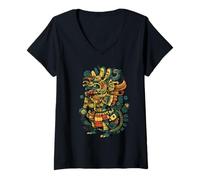 Womens Feathered Serpent Mexican Mythology Quetzalcoatl Aztec God V-Neck T-Shirt