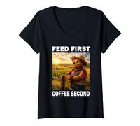 Women's Feed First Coffee Second Bear Farmer Dad Funny Farm Lover V-Neck T-Shirt