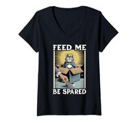 Womens Feed Me Be Spared Cat In Box Lover Funny Cat V-Neck T-Shirt
