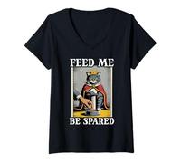 Womens Feed Me Be Spared Cute Funny Cat V-Neck T-Shirt