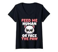 Womens Feed Me Human Or Face The Paw Funny Cat V-Neck T-Shirt