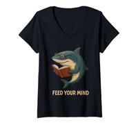 Women's Feed Your Mind Shark Reading Book Lover V-Neck T-Shirt
