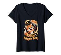 Womens Feelin’ Flippin’ Foxy Pancake Fox Cute Pun V-Neck T-Shirt