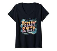 Womens Feelin Salty Tshirt Beach Summer Vacation Vintage 70s Retro V-Neck T-Shirt
