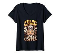 Women's Feelin' Slothee Need A Coffee Caffeine Drink Sloth Coffee V-Neck T-Shirt