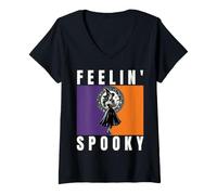 Women's Feelin' Spooky Pin Up Witch Halloween Pumpkin Bats V-Neck T-Shirt