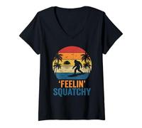 Women's Feelin’ Squatchy Retro Bigfoot Surfing Sunset Palm Tree Surf V-Neck T-Shirt